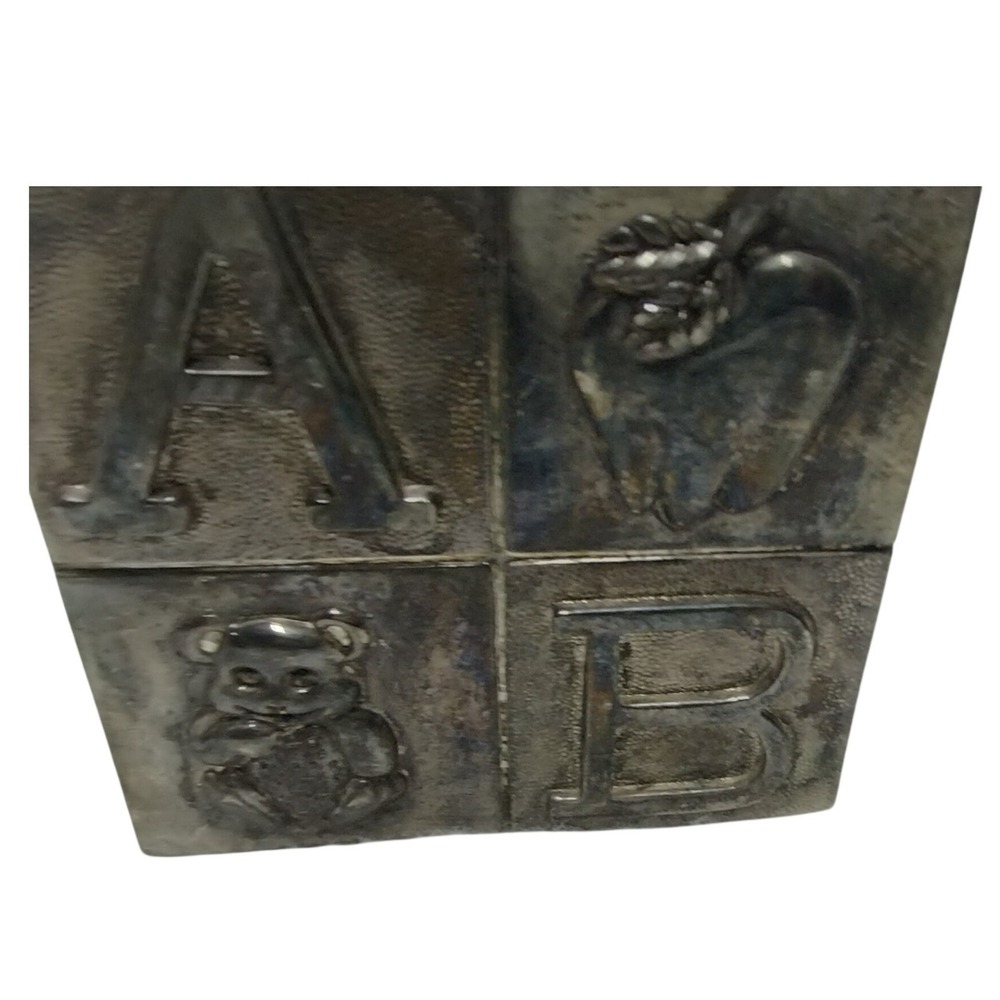 Vintage Silver Tone Alphabet ABC Block Coin Bank Nursery Decor 3 Inch Cube